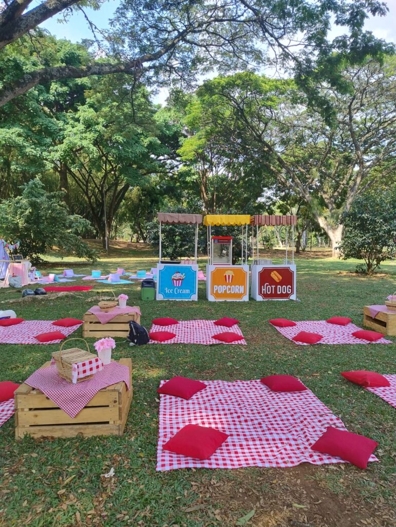 celebración picnic acomodación masiva de 40 puestos en estilo clásico con tres estaciones de snacks