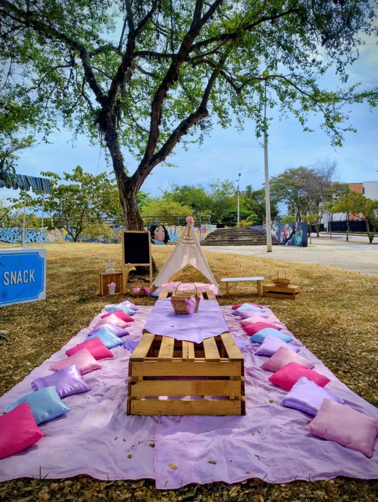 Picnic con combinación de colores pastel y alquiler de estación de snacks