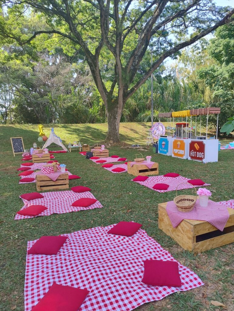 celebración picnic estilo clásico con manteles separados y mesa tipo huacal