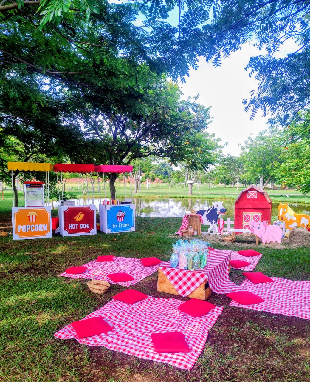Picnic Infantil decoración temática de Granjita más estaciones de snacks